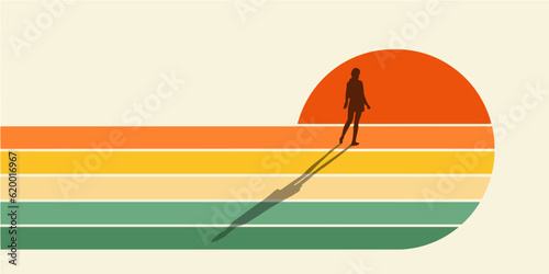 A young woman stands in a graphic sunset setting isolated on the background in this illustration about vision, the future, thoughtfulness, isolation and many other possible themes.