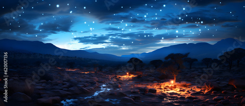 a bonfire on a rocky hillside at night Generated by AI