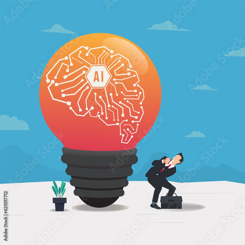 Businessman afraid of bulb and artificial brains. Humans face artificial intelligence design vector