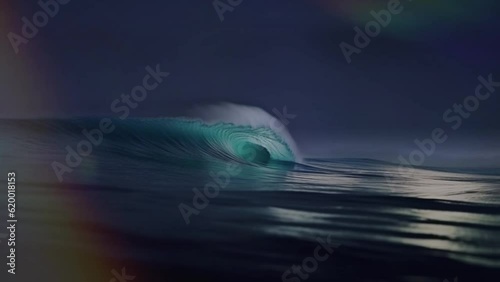 Moonlit Surf: Nature's Masterpiece - Video of a surf wave under a lightning storm at sunset. Ideal for surf, travel, and nature-themed content. Reworked generative AI.