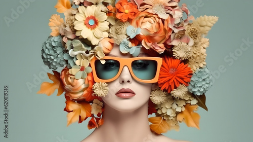 Iconic fashion model wear sunglasses with bouquet flower decoration on head isolated with yellow background
