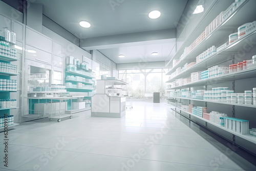 Pharmacy Drugstore blurred background  medical pills and bottles on the table  Health concept