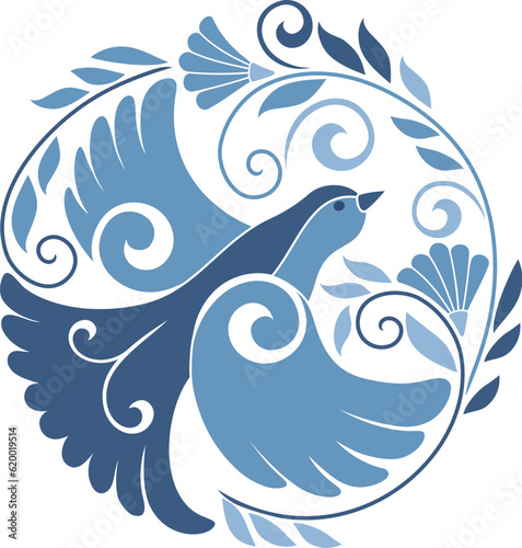 Ornament with a bird. Cute blue bird.