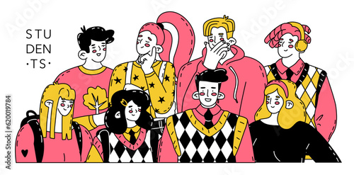 A group of students. Composition of people on the theme of education and university life. Teaching a profession in demand. New generation of young people. Vector illustration.