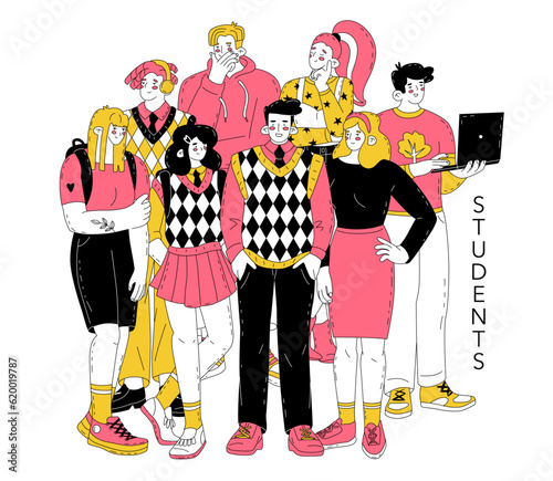 A group of students. Composition of people on the theme of education and university life. Teaching a profession in demand. New generation of young people. Vector illustration.
