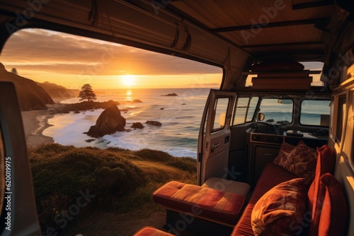 Wanderlust on wheels: Cinematic view of a beautiful camper van, invoking a sense of adventure and freedom on the open road. Generative AI