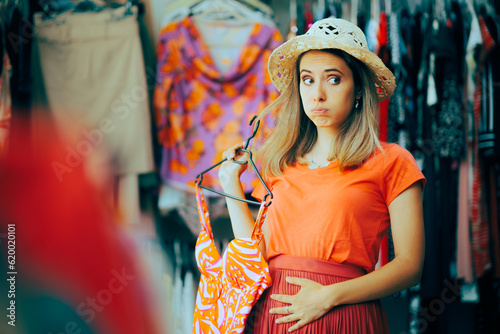 Woman Feeling Bloated Thinking and Choosing a Bathing Suit. Stressed girl feeling self-conscious buying swimsuits 
