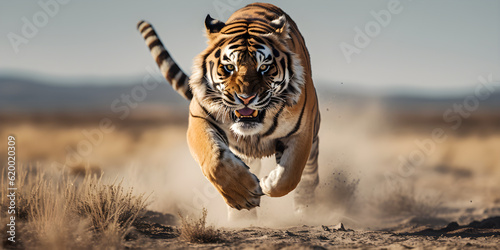  Bengal tiger run across the vast plains, burly bodies, swift movements, Generative AI