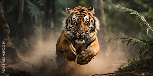 Fototapete Bengal tiger run across the vast plains, burly bodies, swift movements, Generat