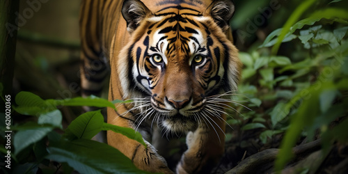 The Bengal tiger is in a powerful pose.Generative AI
