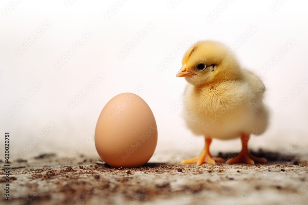 Cute little chicken with egg isolated on white background. Baby chicken. Little yellow chick, Generative AI