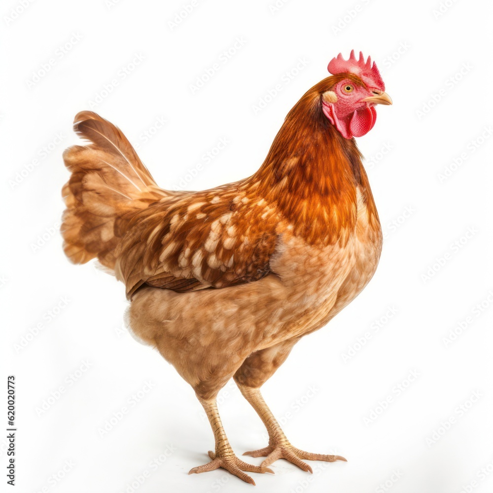 Fototapeta premium Brown chicken isolated on white background. Studio shot of a chicken, Generative AI