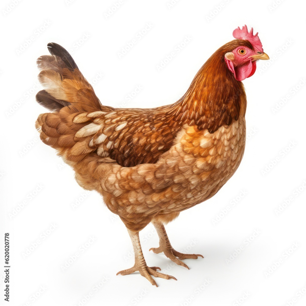 Fototapeta premium Brown chicken isolated on white background. Studio shot of a chicken, Generative AI