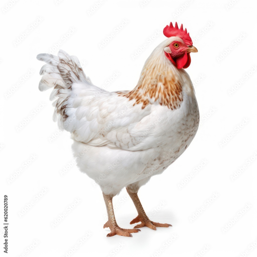 White chicken isolated on white background. Studio shot of a chicken, Generative AI