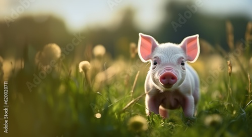 Cute little piglet in the meadow on a sunny day, Generative AI