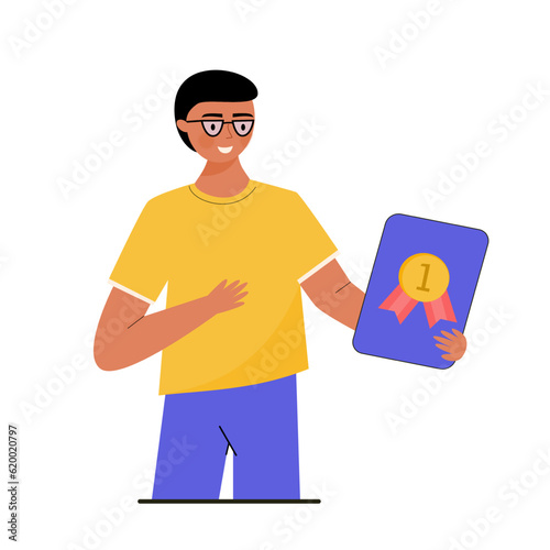 Man win competition illustration. Boy carries the tropy of victory illustration.