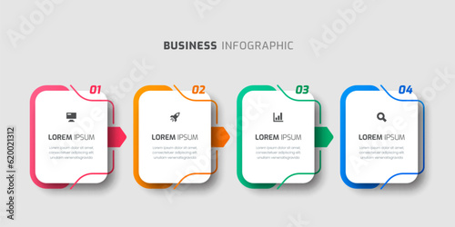 Business Infographic Template with Rounded Label, Thin Line, 4 Numbers and Icon for Presentation