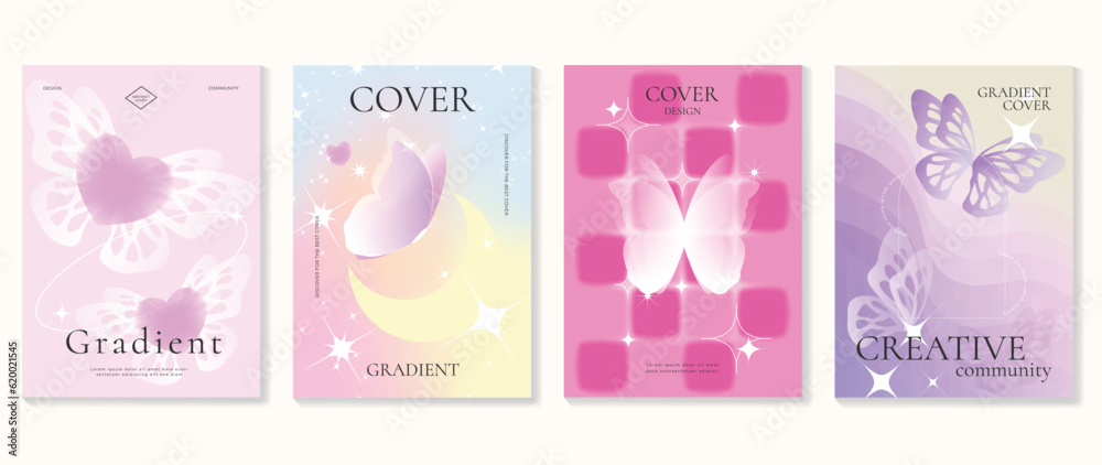 Idol lover posters set. Cute gradient holographic background vector with pastel colors, heart, butterflies, sparkle, moon. Y2k trendy wallpaper design for social media, cards, banner, flyer, brochure.