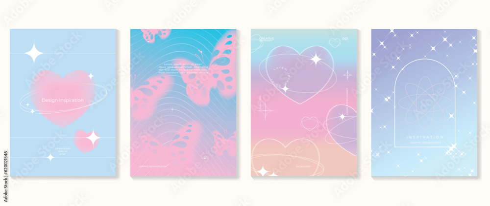 Idol lover posters set. Cute gradient holographic background vector with pastel colors, heart, butterflies, sparkle. Y2k trendy wallpaper design for social media, cards, banner, flyer, brochure.