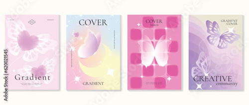 Idol lover posters set. Cute gradient holographic background vector with pastel colors, heart, butterflies, sparkle, moon. Y2k trendy wallpaper design for social media, cards, banner, flyer, brochure.