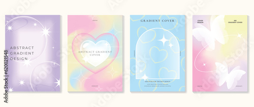 Idol lover posters set. Cute gradient holographic background vector with pastel colors, heart, butterflies, bubble. Y2k trendy wallpaper design for social media, cards, banner, flyer, brochure.