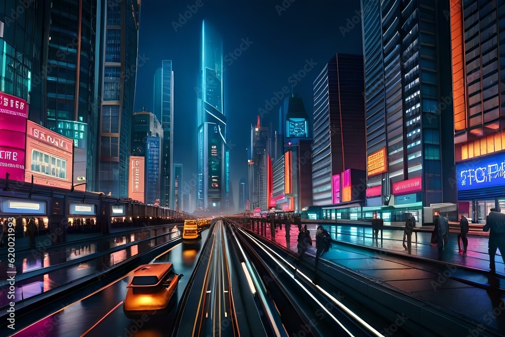Fototapeta premium A beautiful majestic and futuristic city with colorful lights, Created with AI