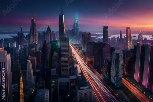 A beautiful majestic and futuristic city with colorful lights  Created with AI
