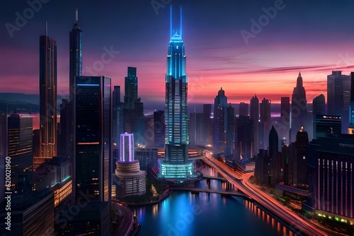 A beautiful majestic and futuristic city with colorful lights  Created with AI