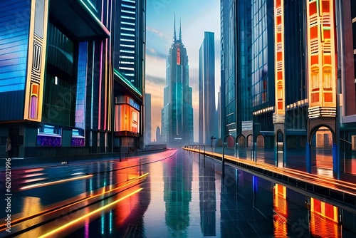 A beautiful majestic and futuristic city with colorful lights, Created with AI