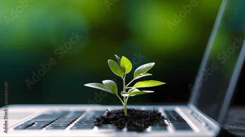 Green information technology. Environmentally Sustainable IT. Copy space. Green plant growing on laptop computer keyboard with green background. Environment green technology.