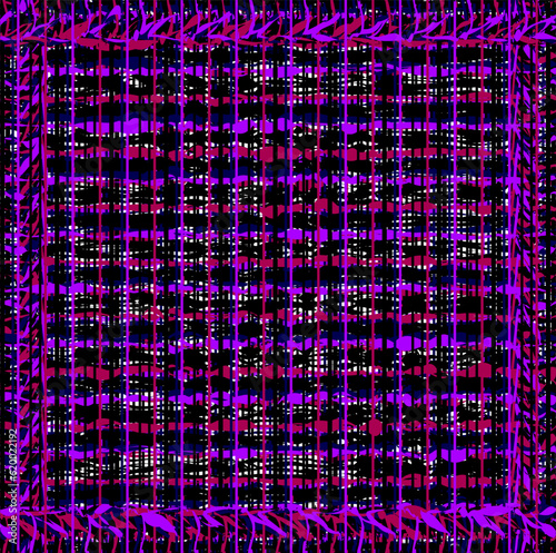 Lots of red hues on a slatted loose surface. Art looks like a microcircuit under the magnification of an electron microscope.