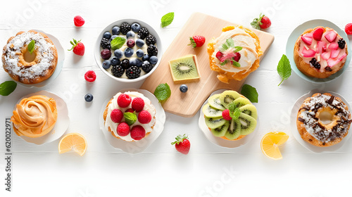 Healthy summer desserts. Different desserts on white background. Top view