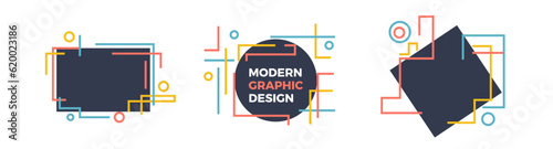 Modern graphic design text boxes. Set of abstract vector art illustrations to place your text. Dynamic linear strokes and geometric shapes in red, blue, black and yellow