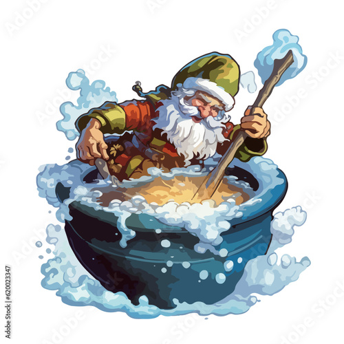 santa clause brews a happiness potion in the cauldron vector poster template