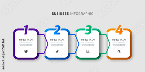 Business Infographic Template with Rounded Label, Arrows, 4 Numbers and Icon for Presentation