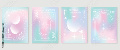 Idol lover posters set. Cute gradient holographic background vector with pastel colors, heart, butterflies, halftone. Y2k trendy wallpaper design for social media, cards, banner, flyer, brochure.