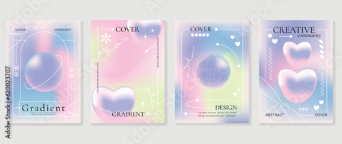 Idol lover posters set. Cute gradient holographic background vector with pastel colors, 3d heart, flower, star, sparkle. Y2k trendy wallpaper design for social media, cards, banner, flyer, brochure.