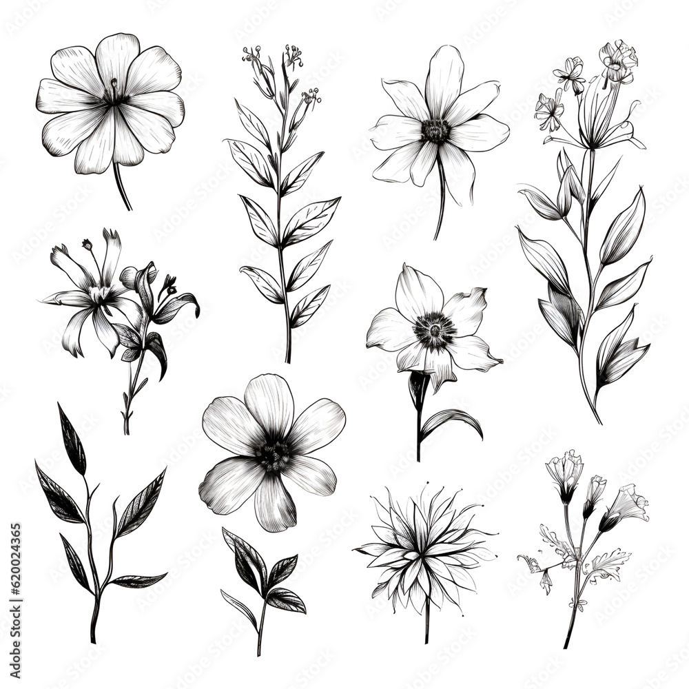 Wildflowers pencil sketch collection clipart