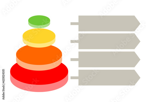 Infographic illustration of red with orange with yellow with blue with green oval and circle divided and cut into five and space for text, Pyramid shape made of four layers for presenting business