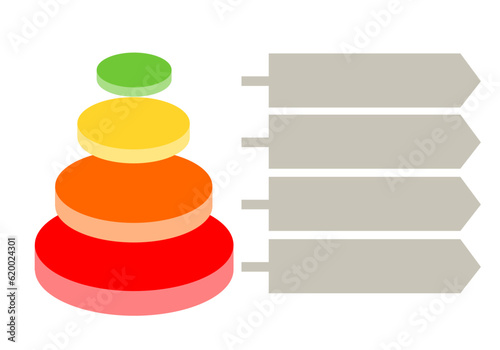 Infographic hierarchical statistical illustration of red with orange with yellow with blue with green oval and circle , Pyramid shape made of four layers for presenting business