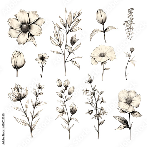 Wildflowers pencil sketch collection clipart