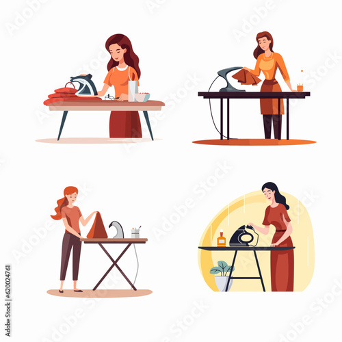 woman ironing clothes and clutching flat vector