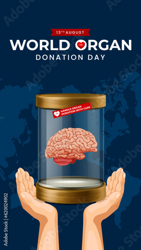 World organ donation day with brain for transplantation, saving lives, social network post story, artwork, print, doodle, vector illustration (Vector)