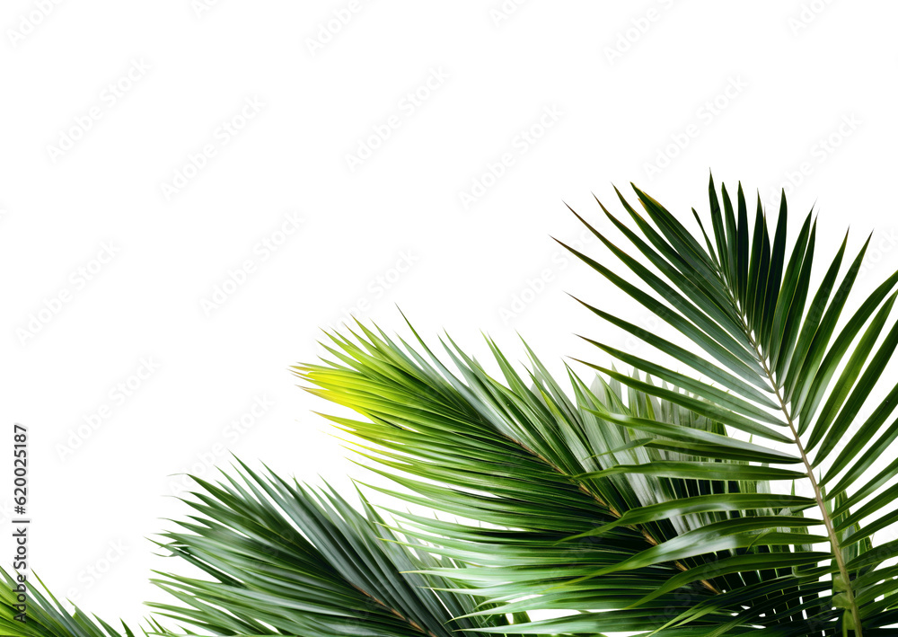 Palm tree leaves. isolated Green tropical leaf of palm coconut tree on transparent background, beach floral background