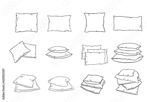 Pillows outline icon set. Vector doodle sketch isolated on white