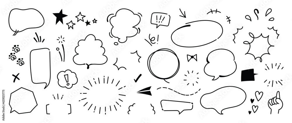 Obraz premium Set of cute pen line doodle element vector. Hand drawn doodle style collection of heart, arrows, scribble, speech bubble, star. Design for print, cartoon, card, decoration, sticker.
