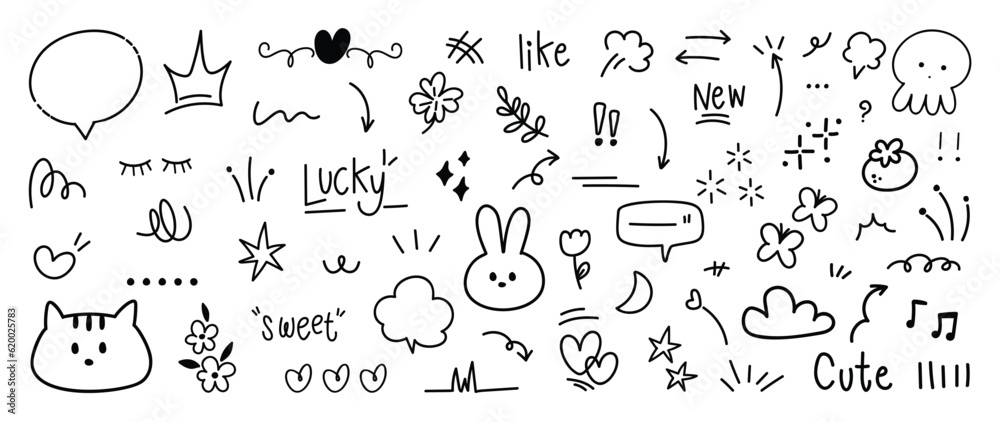 Set of cute pen line doodle element vector. Hand drawn doodle style collection of heart, arrows, scribble, flower, rabbit, star, butterfly, words. Design for print, cartoon, card, decoration, sticker. Set of cute pen line doodle element vector. Hand drawn doodle style collection of heart, arrows, scribble, flower, rabbit, star, butterfly, words. Design for print, cartoon, card, decoration, sticker.