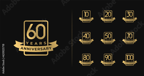 Set of anniversary logo with luxury style. 10, 20, 30, 40, 50, 60, 70, 80, 90, 100, birthday symbol collections
