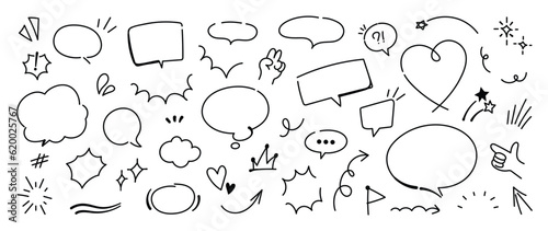 Set of cute pen line doodle element vector. Hand drawn doodle style collection of heart, arrows, scribble, speech bubble, star. Design for print, cartoon, card, decoration, sticker.