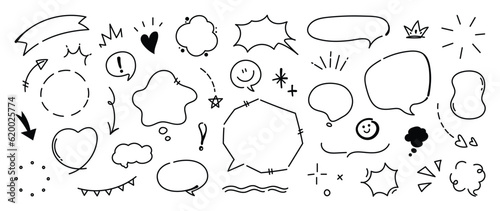 Set of cute pen line doodle element vector. Hand drawn doodle style collection of heart, arrows, scribble, speech bubble, star. Design for print, cartoon, card, decoration, sticker.